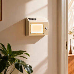Cream colored retro radio shaped wall sconce mounted on a white wall, casting a warm glow.