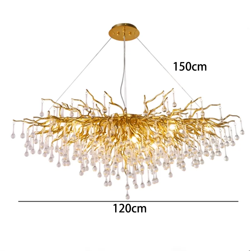 Gold chandelier with measurements on a white background