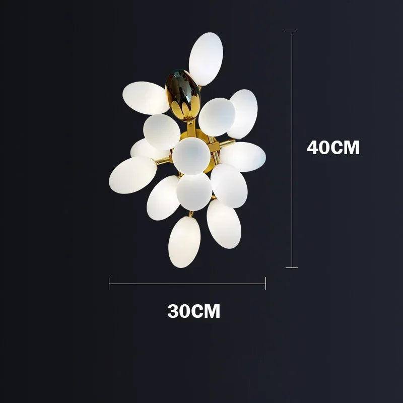 Decorative ceiling light fixture with measurements on a black background