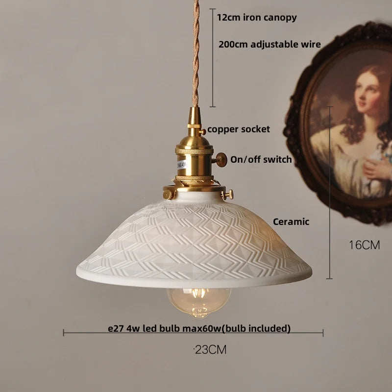 Pendant light with measurements and details on a neutral background