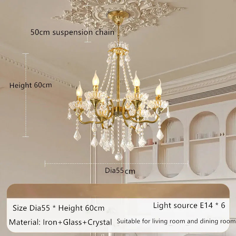 Chandelier with dimensions and material details on a neutral background