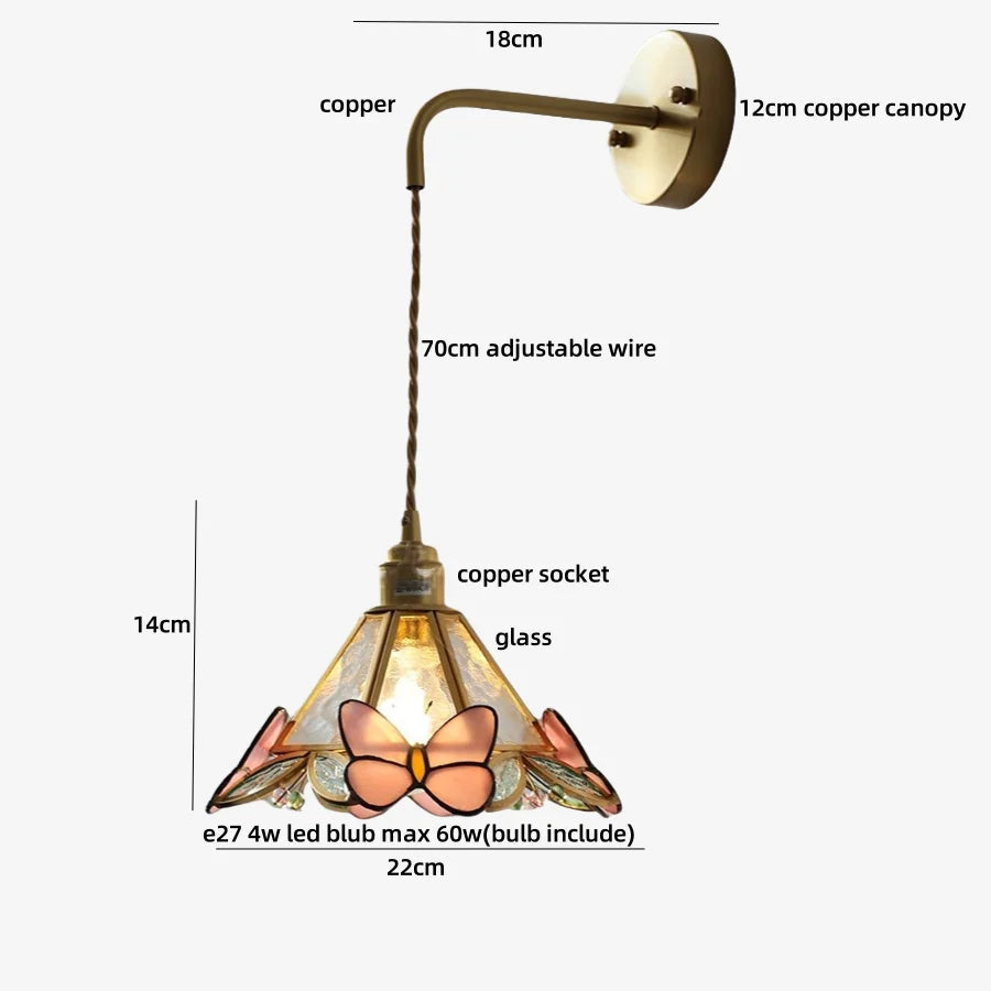 Butterfly-themed pendant light with measurements on a white background