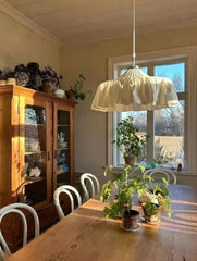 White Fabric Pleated Pendant Light with Gold Accents and Ruffled Shade