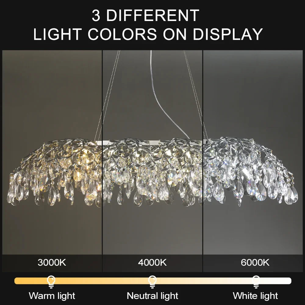 A smaller chrome chandelier with cascading crystals in a different room setting.