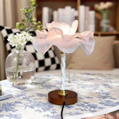 White & Pink Petal LED Table Lamp with Braided Stem and Wood Base
