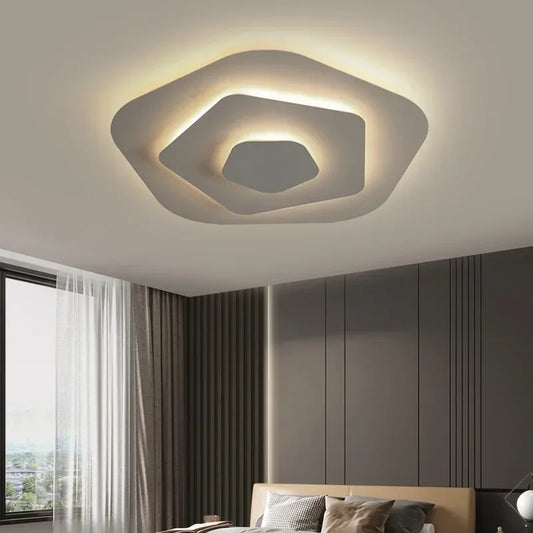 Close-up view of the textured, layered acrylic diffusers on the modern flush mount ceiling light, highlighting its contemporary design.