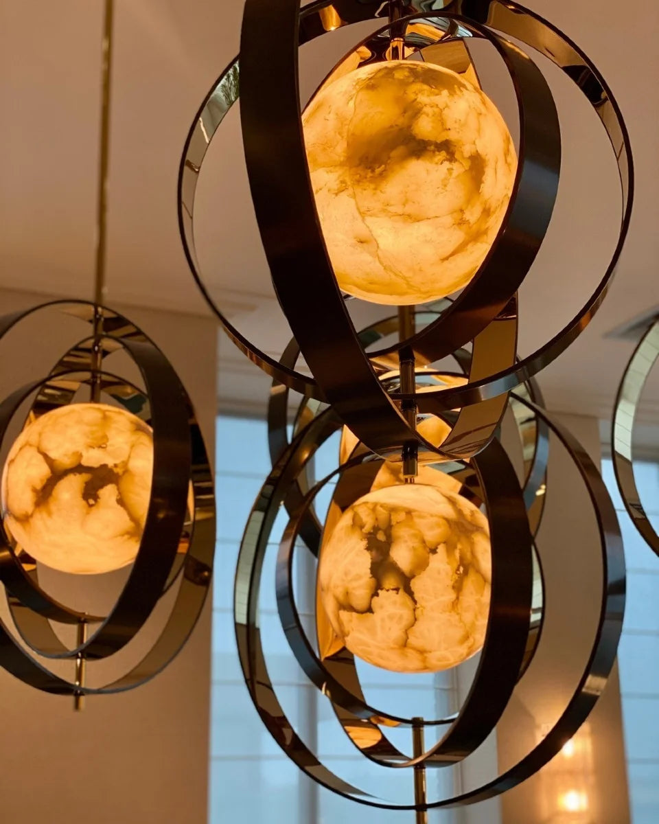 Modern chandelier with circular design and glowing lights