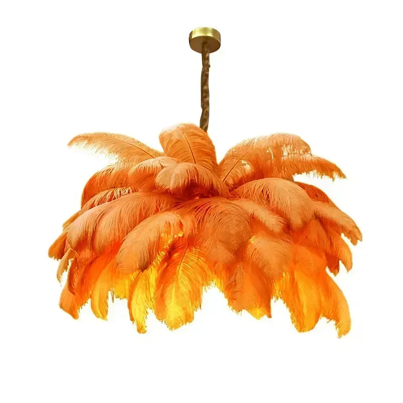 Orange feathered chandelier on a white background