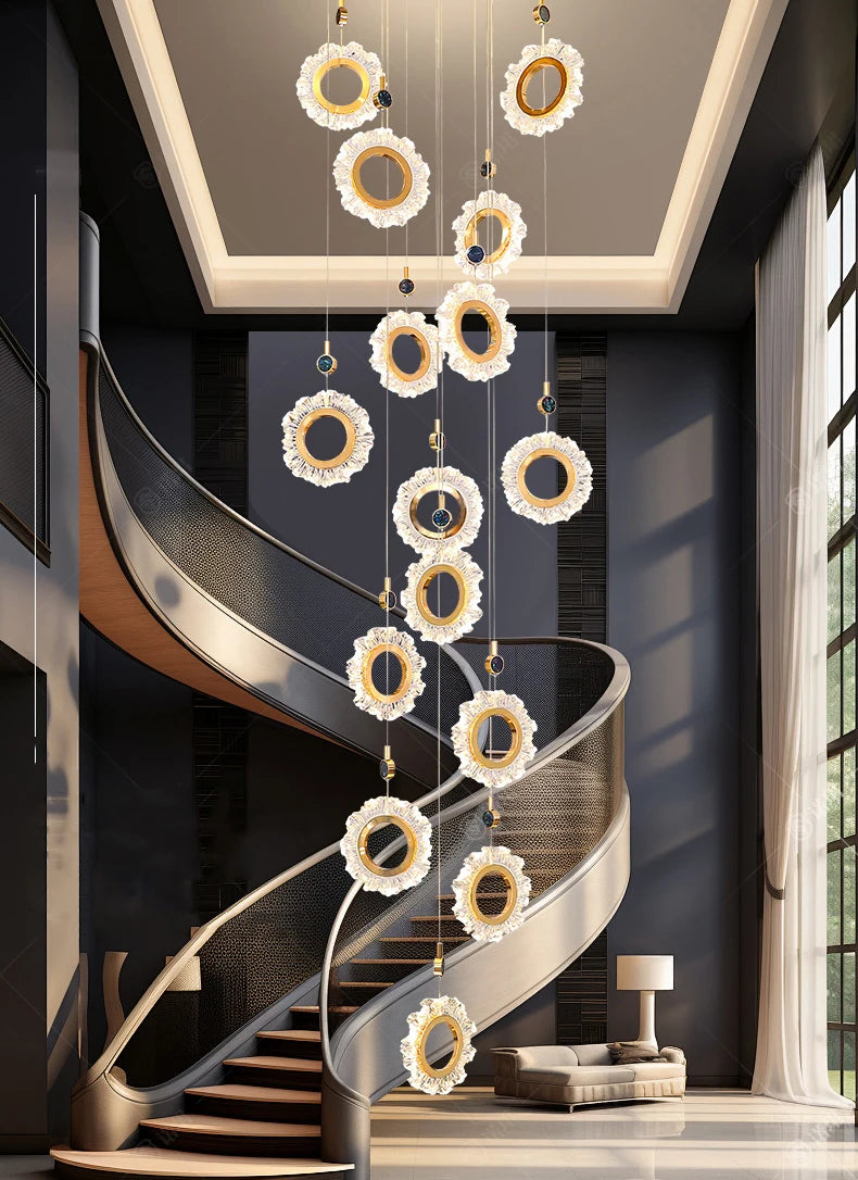 Decorative chandelier hanging above a staircase in a modern interior setting.