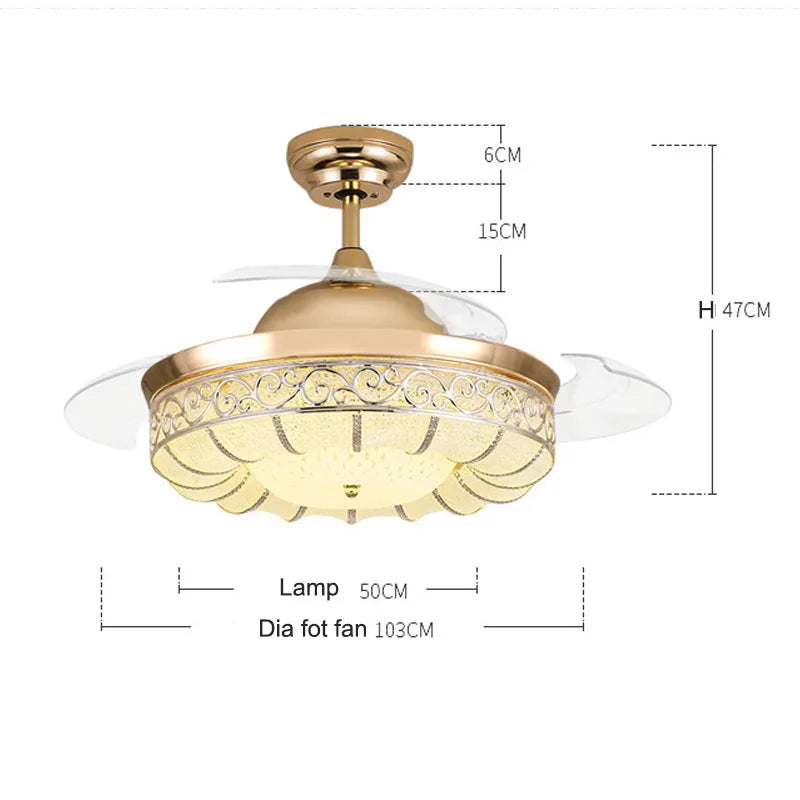 Gold ceiling fan with light fixture and dimensions on a white background