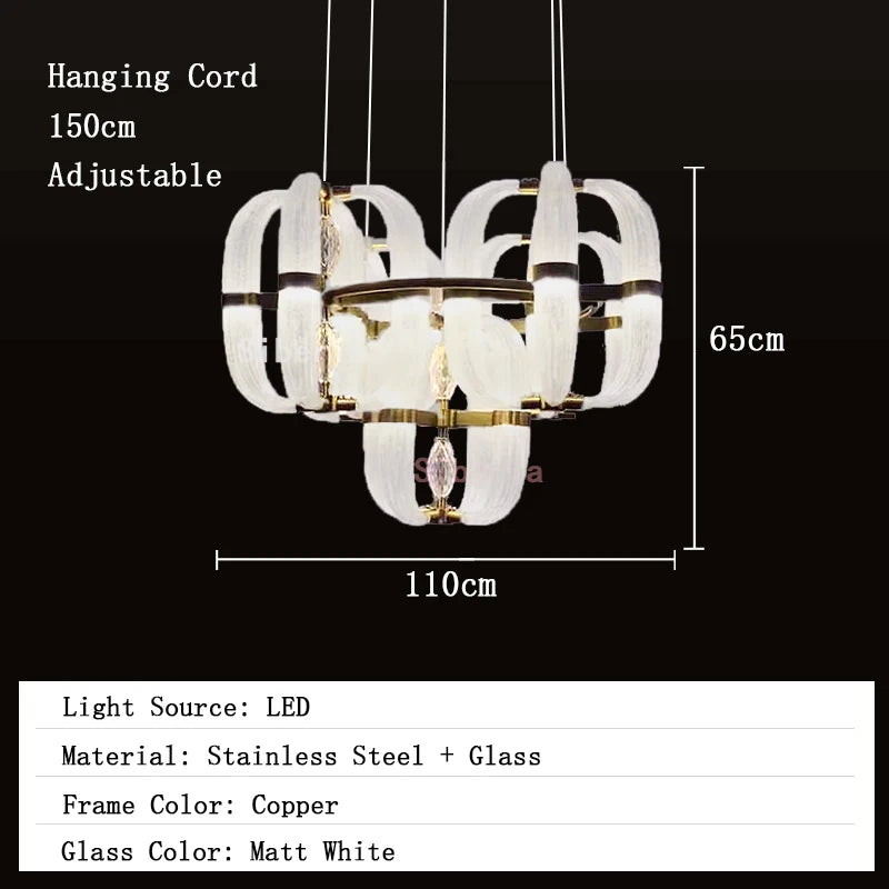 Chandelier with dimensions and specifications on a black background