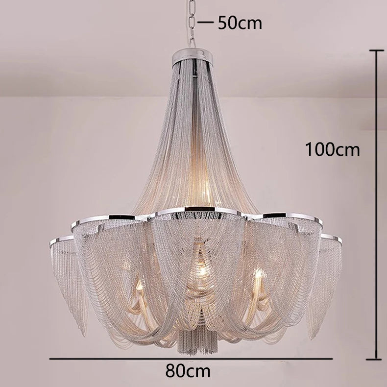 Chandelier with dimensions indicated on a plain background