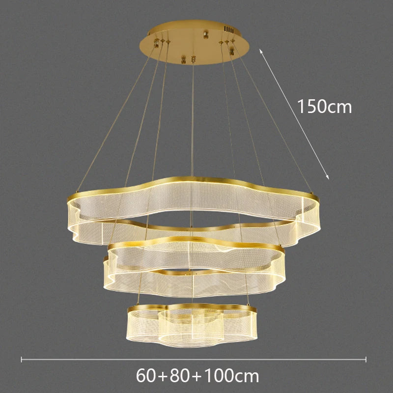 Modern chandelier with dimensions indicated on a gray background