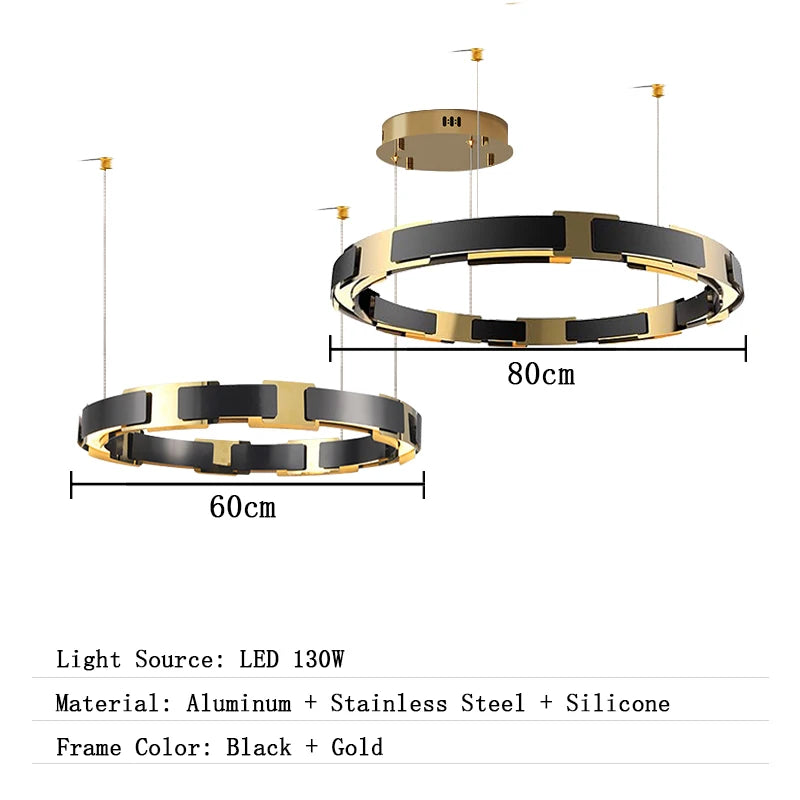 Black and gold circular pendant light with measurements on a white background