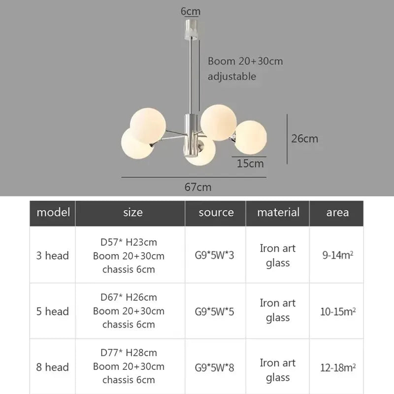 Diagram showing the dimensions of the sputnik chandelier, including arm span, height, and adjustable boom length, with measurements in centimeters.