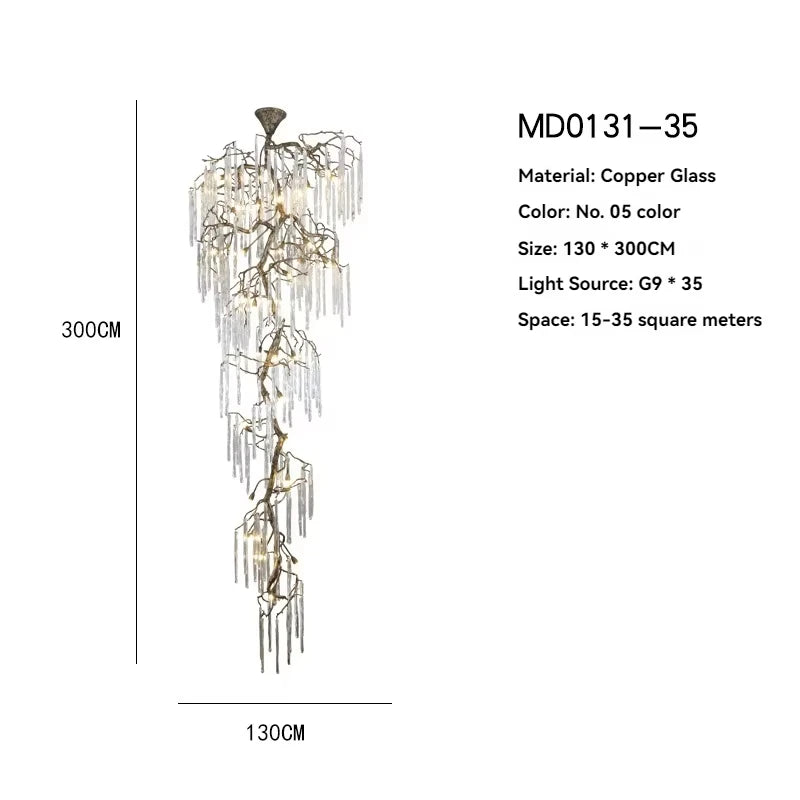 A vertical diagram showing the dimensions of a large, cascading crystal chandelier, with a height of 300cm and width of 130cm.