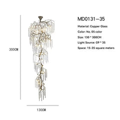 A vertical diagram showing the dimensions of a large, cascading crystal chandelier, with a height of 300cm and width of 130cm.