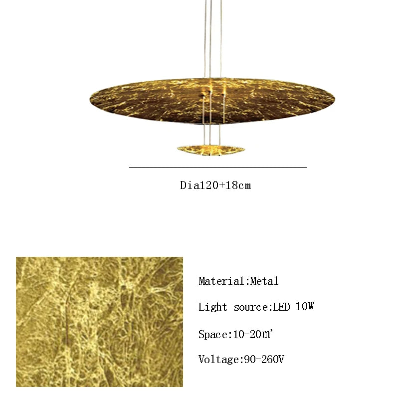 Gold pendant light with specifications on a white background