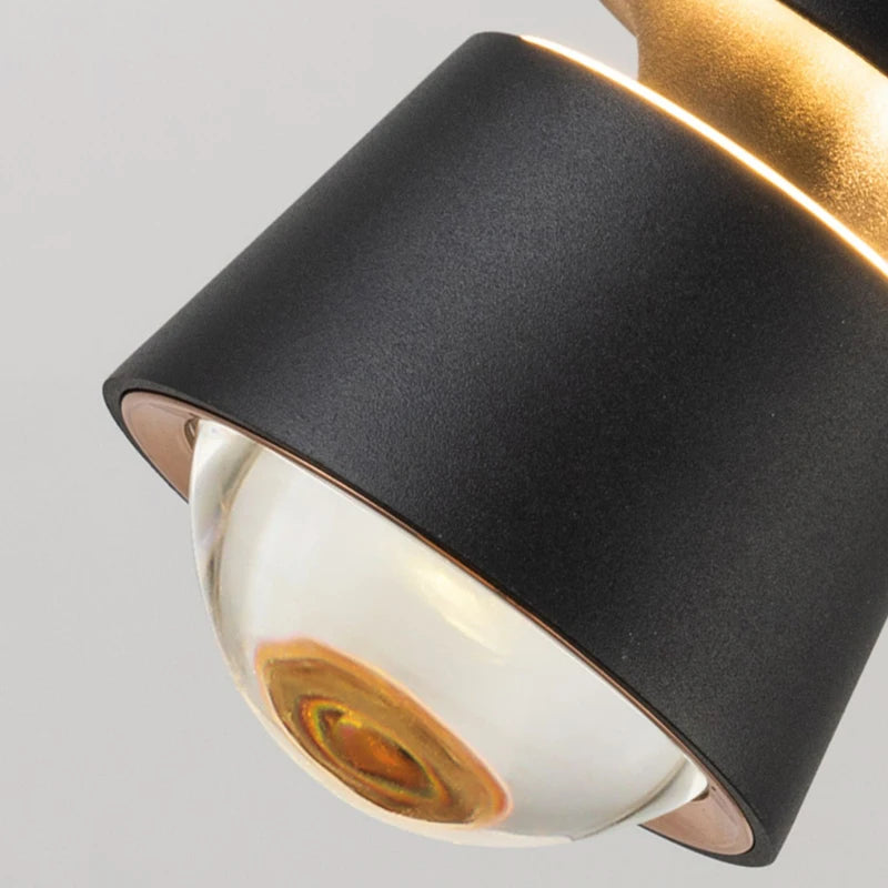 Close-up of a black and gold ceiling light fixture on a gray background