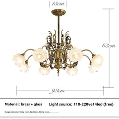 Brass Floral Chandelier with Rose Buds and Frosted Glass Bell Shades
