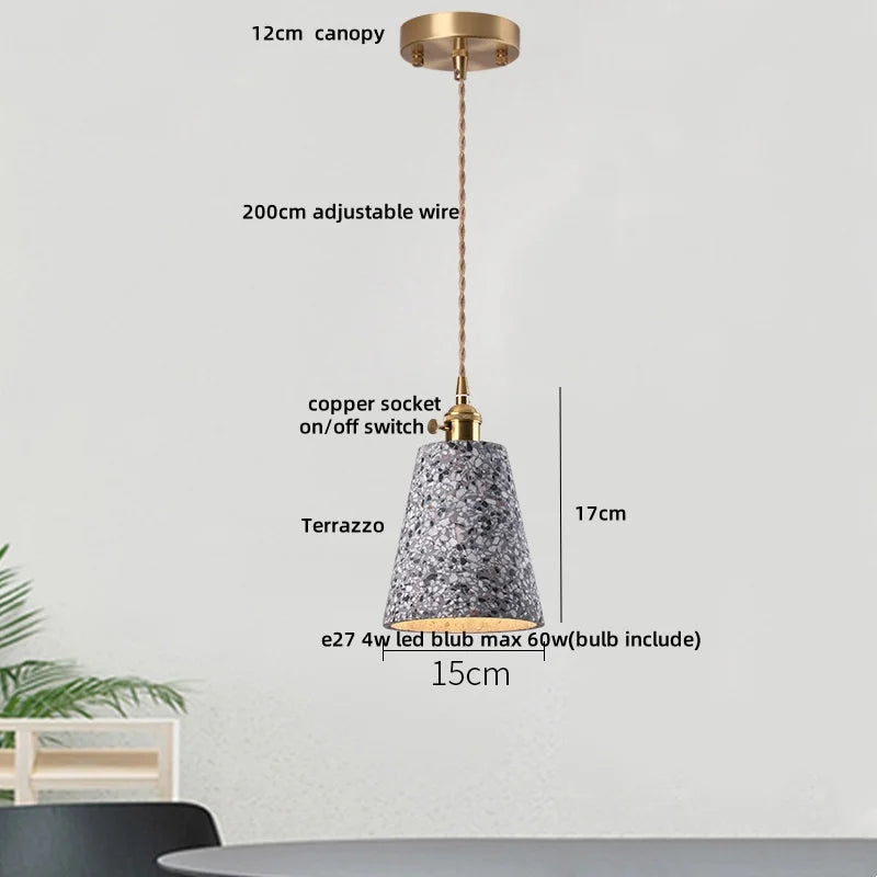 Pendant light with labeled dimensions on a white background
