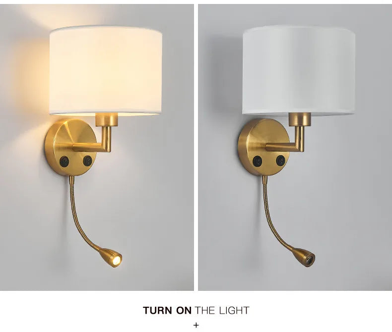 Two wall lamps with gold fixtures and white shades on a gray background.