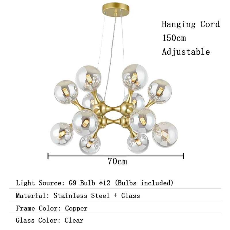 Chandelier with dimensions and material details on a white background