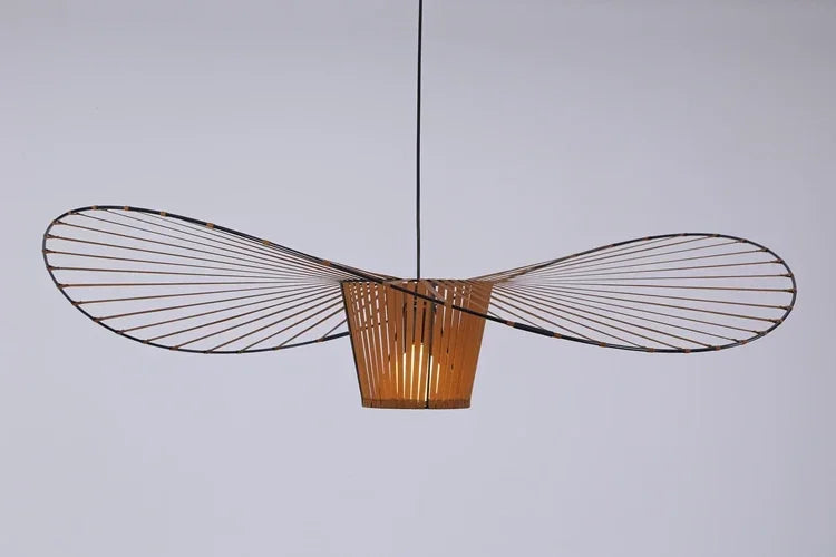Modern pendant light with wireframe design on a plain background