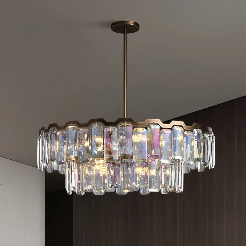 Close-up of the cascading faceted crystals on a polished chrome chandelier