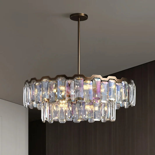 Close-up of the cascading faceted crystals on a polished chrome chandelier