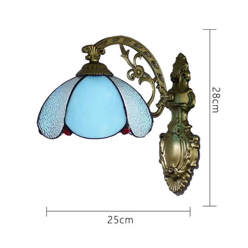 Tiffany style wall sconce with a sky blue textured stained glass shade and red bead accents, showing dimensions of 25cm width and 28cm height.