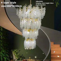 A 4-layer gold crystal chandelier with dimensions D80cm x H150cm is shown in an interior setting.
