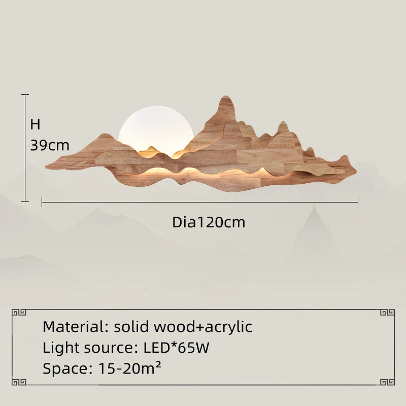 Wooden wall light fixture with dimensions and material details on a gray background