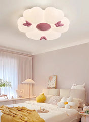 White Flower Cloud Semi-Flush Mount Light with Pink Butterflies