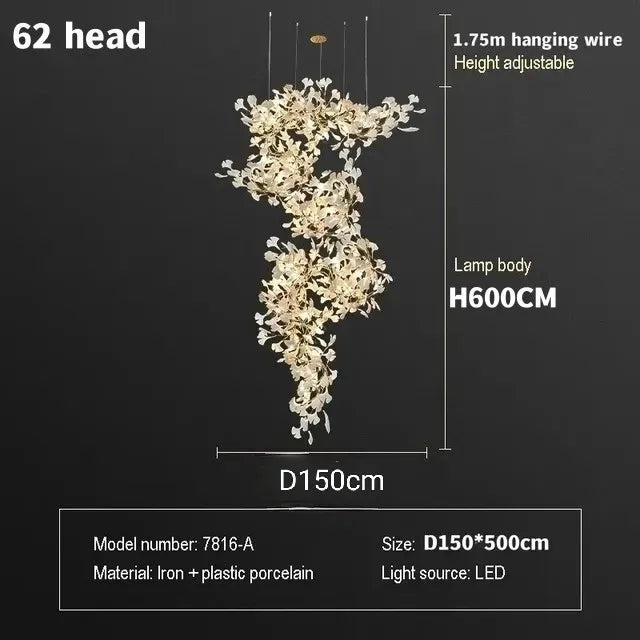 Chandelier with dimensions and specifications on a black background