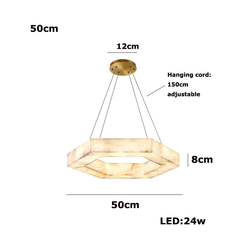 Pendant light with dimensions and specifications on a white background