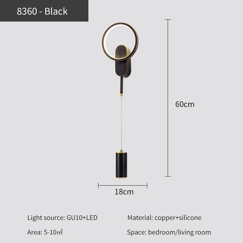 Black wall lamp with dimensions and specifications on a white background