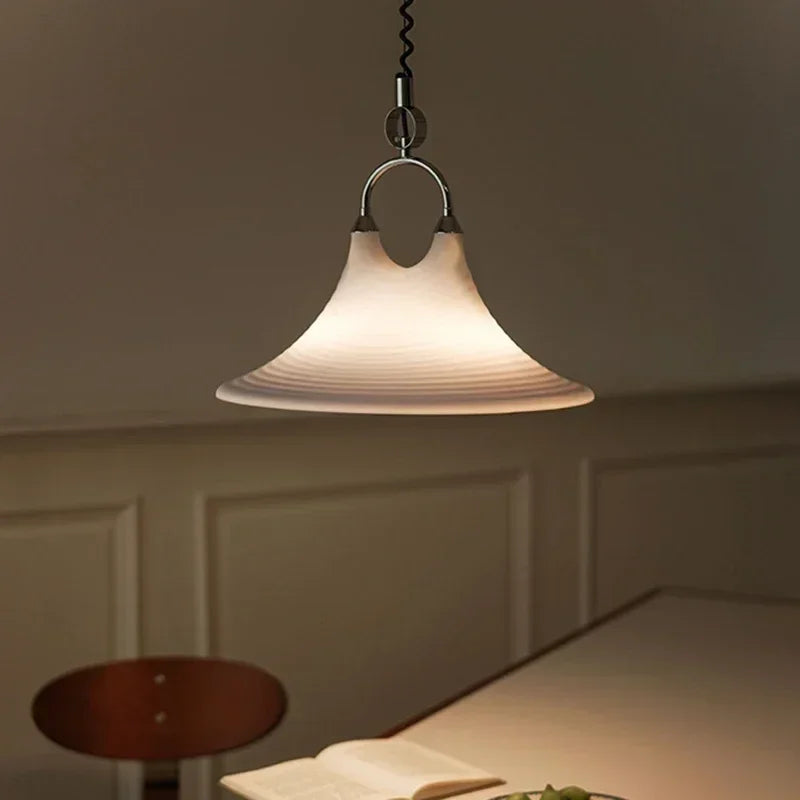 Pendant light hanging in a room with a book and plant on a table