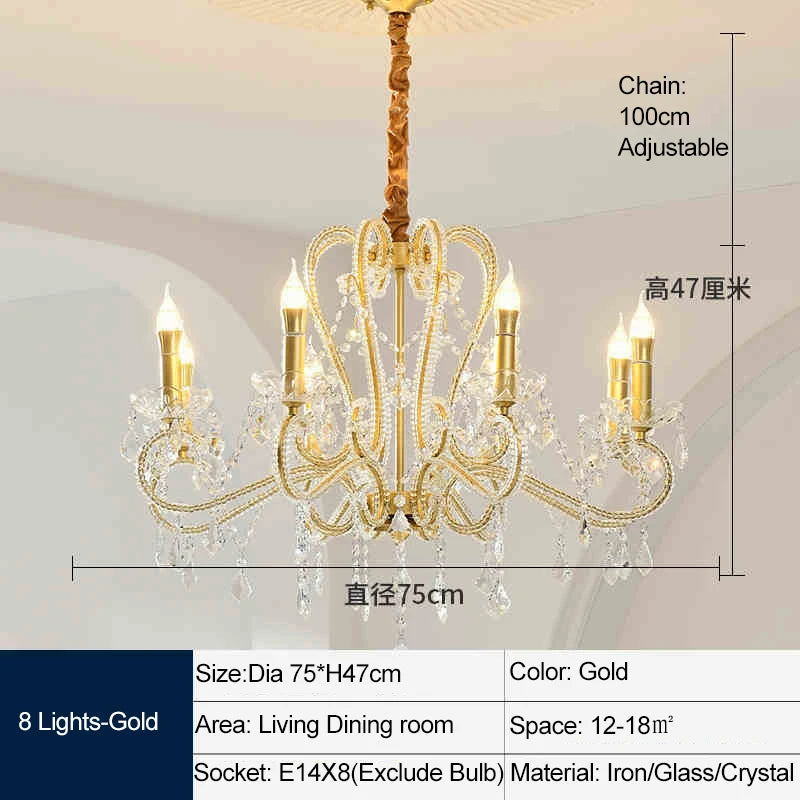 Gold chandelier with crystal accents and dimensions on a neutral background