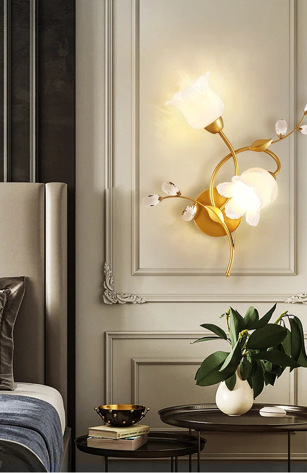 Modern bedroom interior with wall-mounted lamp and decor