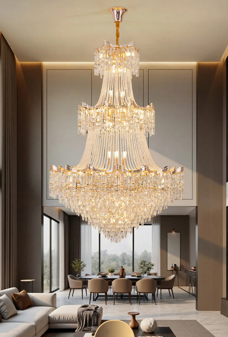 Luxurious crystal chandelier hanging in a modern living room.