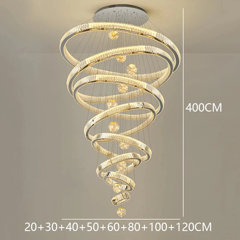 Chandelier with spiral design and measurement details on a gray background