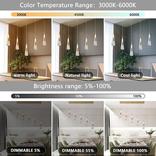 Comparison of light color temperature: warm light, natural light, and cool light from the pendant lamps.