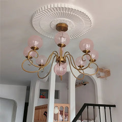 Gold Swirl Globe Pendant Light with Pink Glass Shades