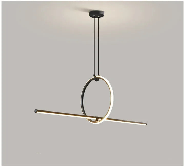 Modern pendant light with circular design on a gray background