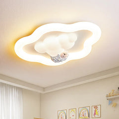 A white cloud-shaped flush mount ceiling light with a smiling sheep figure.
