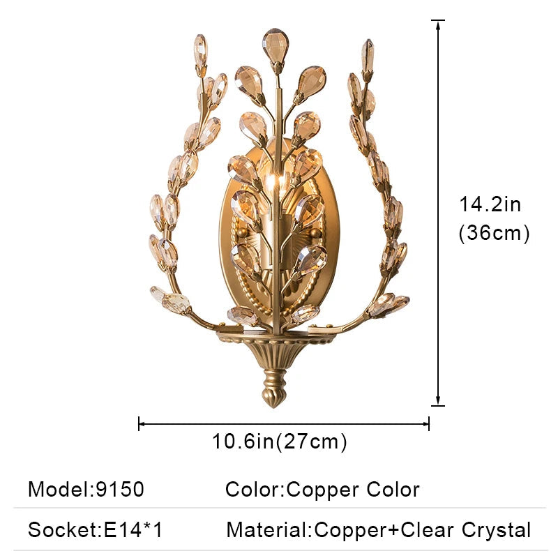 Gold wall sconce with crystal accents and dimensions on a white background