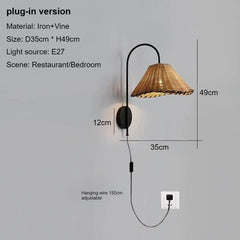 Rattan Cone Shade Wall Sconce with Black Metal Arm Natural Light