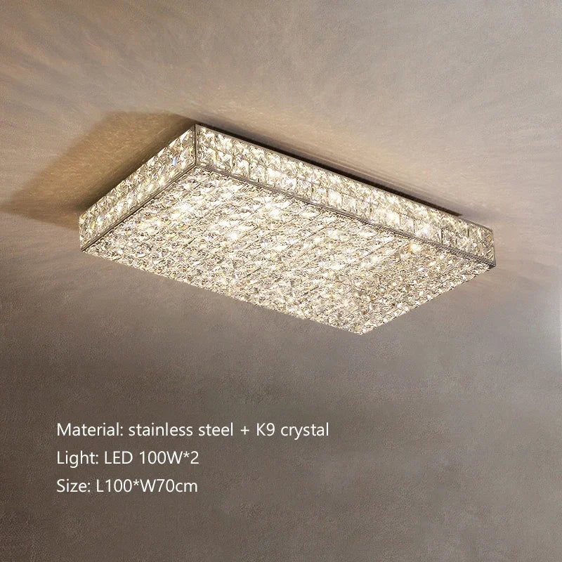 Rectangular ceiling light fixture with crystal details on a neutral wall background