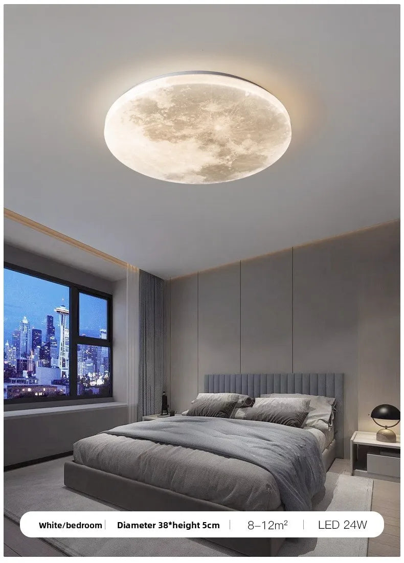 Ceiling light fixture in a modern bedroom with city view